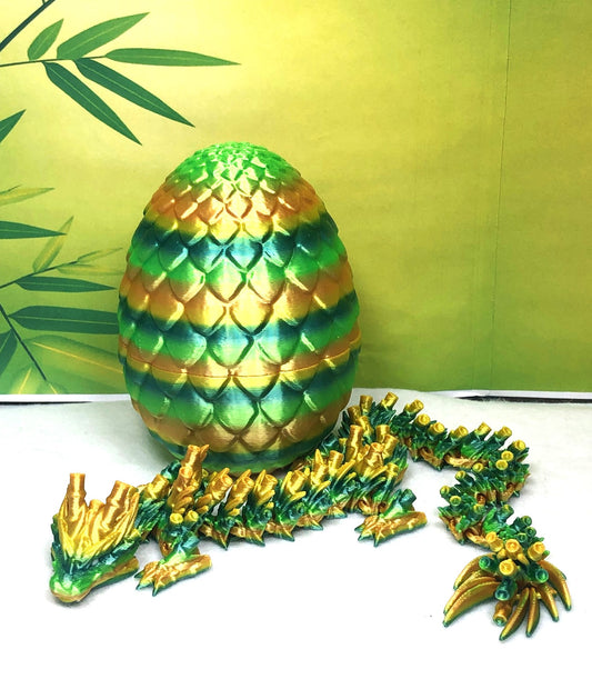 3D Printed Dragon with Egg, Articulated Yellow and Green Bamboo Dragon, Fidget ADHD Dragon Toy - D027