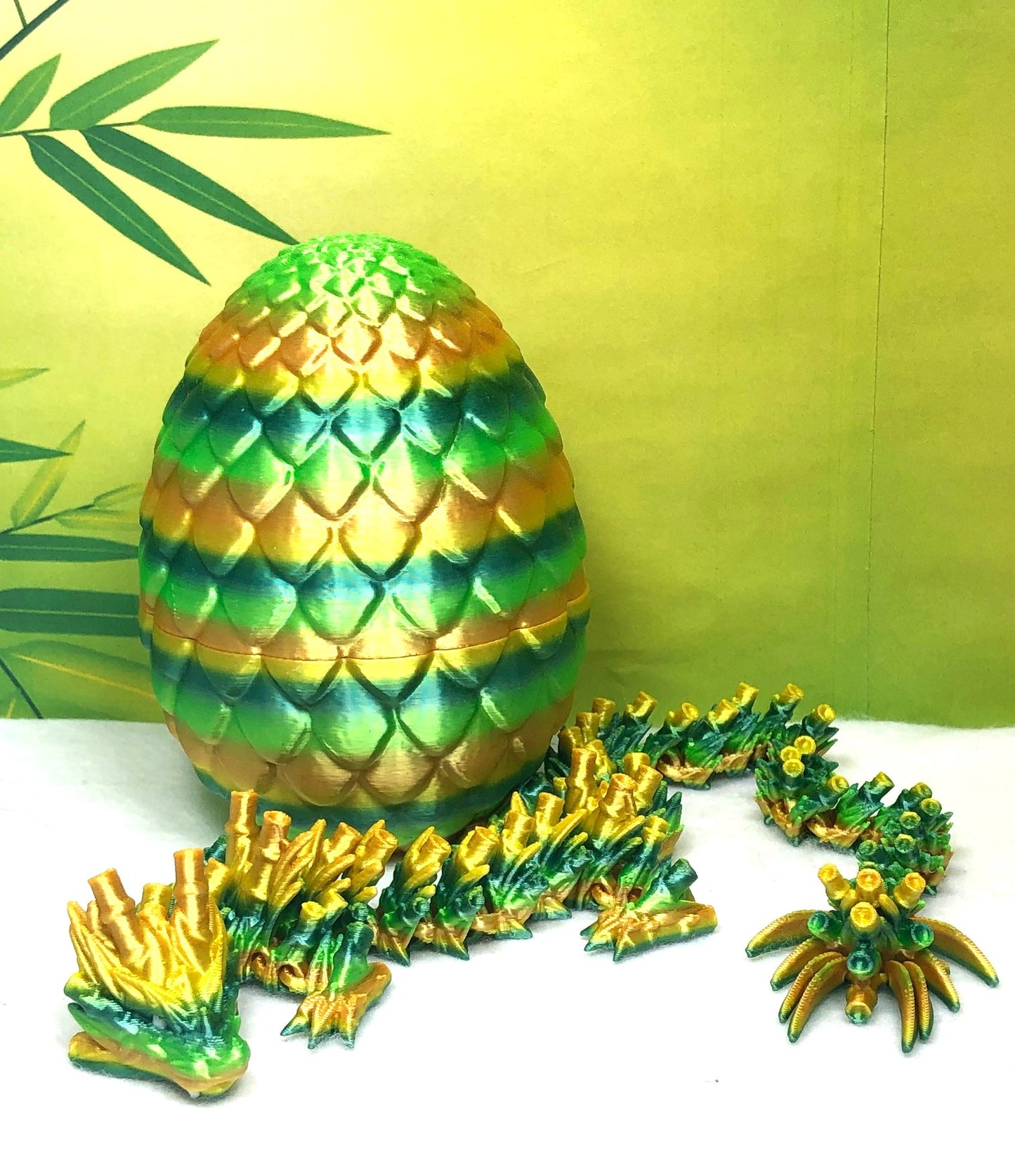 3D Printed Dragon with Egg, Articulated Yellow and Green Bamboo Dragon, Fidget ADHD Dragon Toy - D027