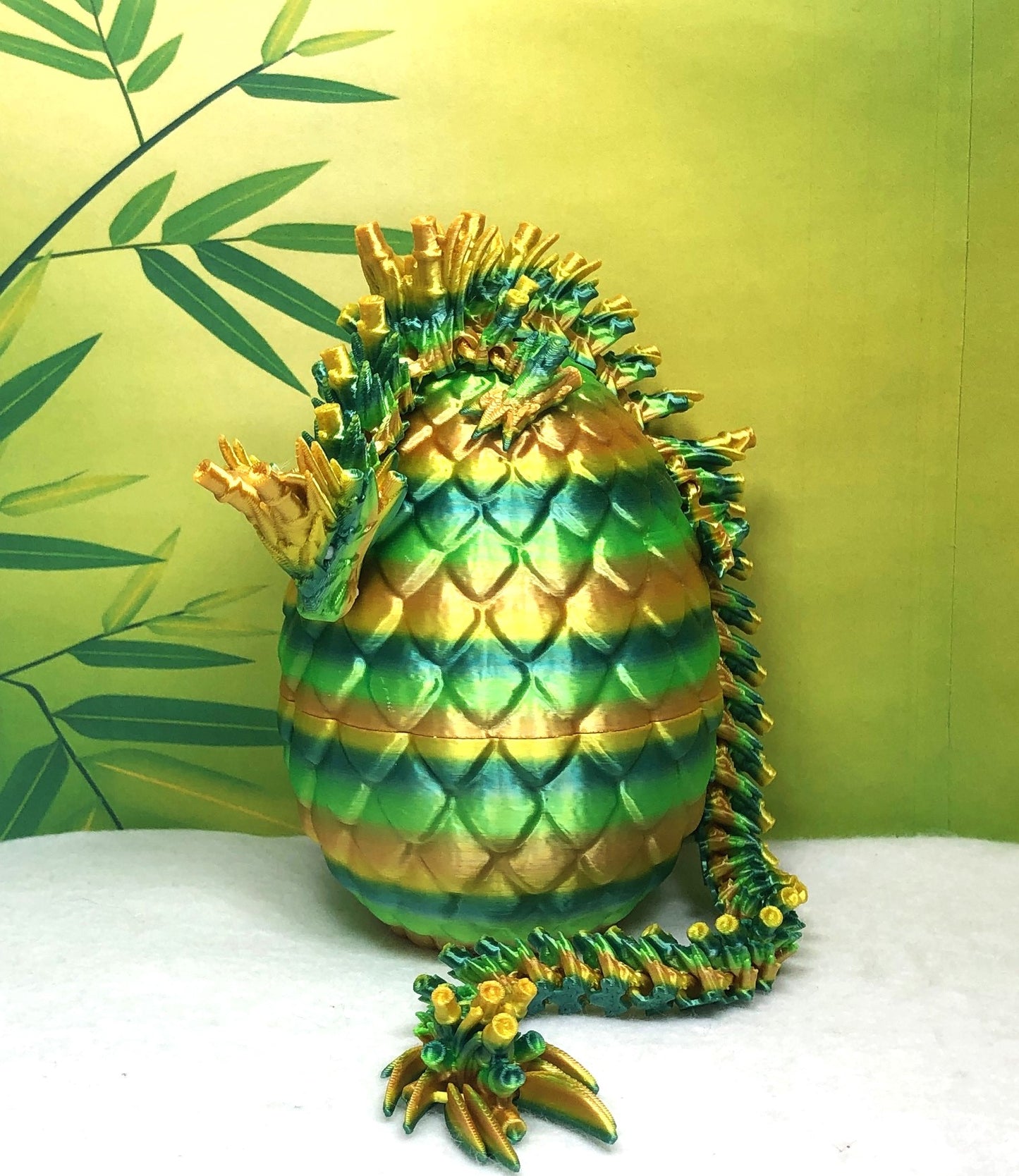3D Printed Dragon with Egg, Articulated Yellow and Green Bamboo Dragon, Fidget ADHD Dragon Toy - D027