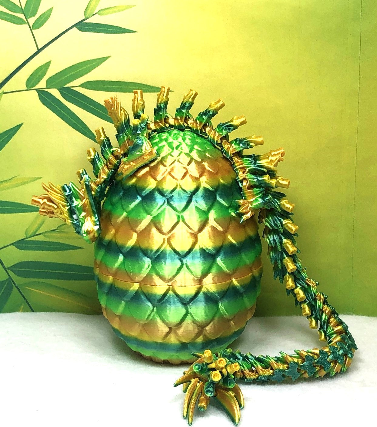 3D Printed Dragon with Egg, Articulated Yellow and Green Bamboo Dragon, Fidget ADHD Dragon Toy - D027