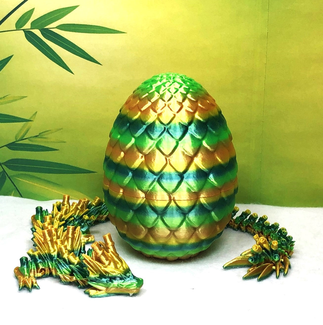 3D Printed Dragon with Egg, Articulated Yellow and Green Bamboo Dragon, Fidget ADHD Dragon Toy - D027