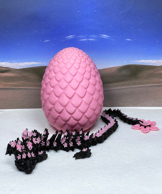 3D Printed Dragon with Dragon Egg, Articulated Black and Pink Cherry Blossom Dragon, Fidget ADHD Dragon Toy - D028-PE