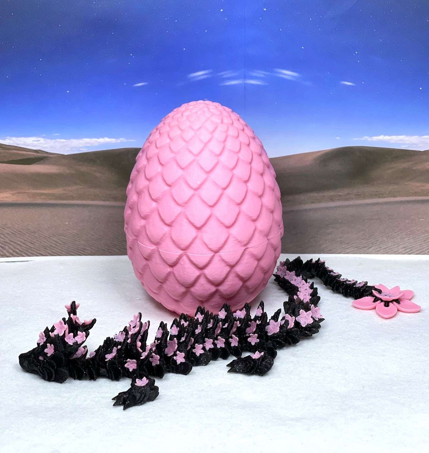 3D Printed Dragon with Dragon Egg, Articulated Black and Pink Cherry Blossom Dragon, Fidget ADHD Dragon Toy - D028-PE