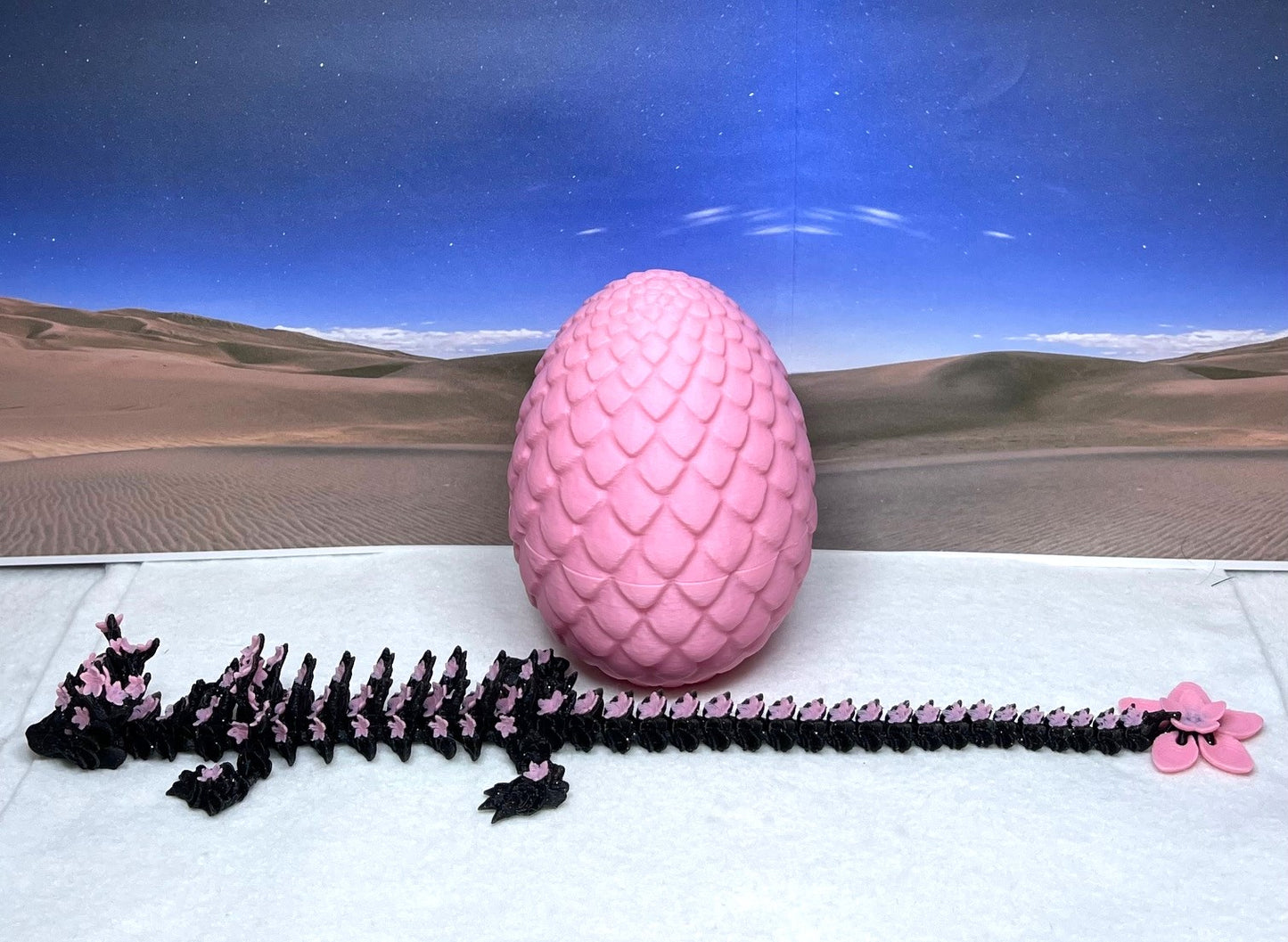 3D Printed Dragon with Dragon Egg, Articulated Black and Pink Cherry Blossom Dragon, Fidget ADHD Dragon Toy - D028-PE