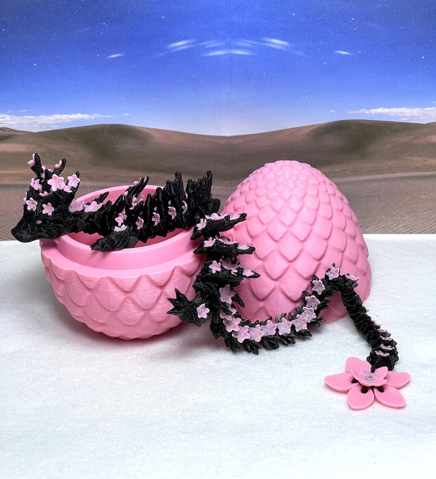 3D Printed Dragon with Dragon Egg, Articulated Black and Pink Cherry Blossom Dragon, Fidget ADHD Dragon Toy - D028-PE