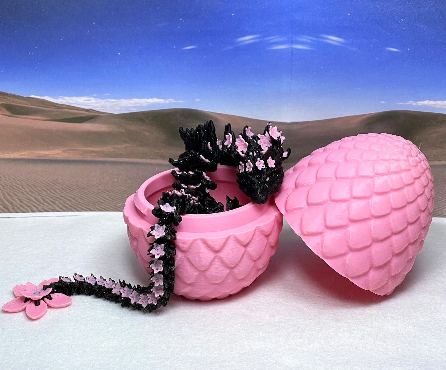 3D Printed Dragon with Dragon Egg, Articulated Black and Pink Cherry Blossom Dragon, Fidget ADHD Dragon Toy - D028-PE