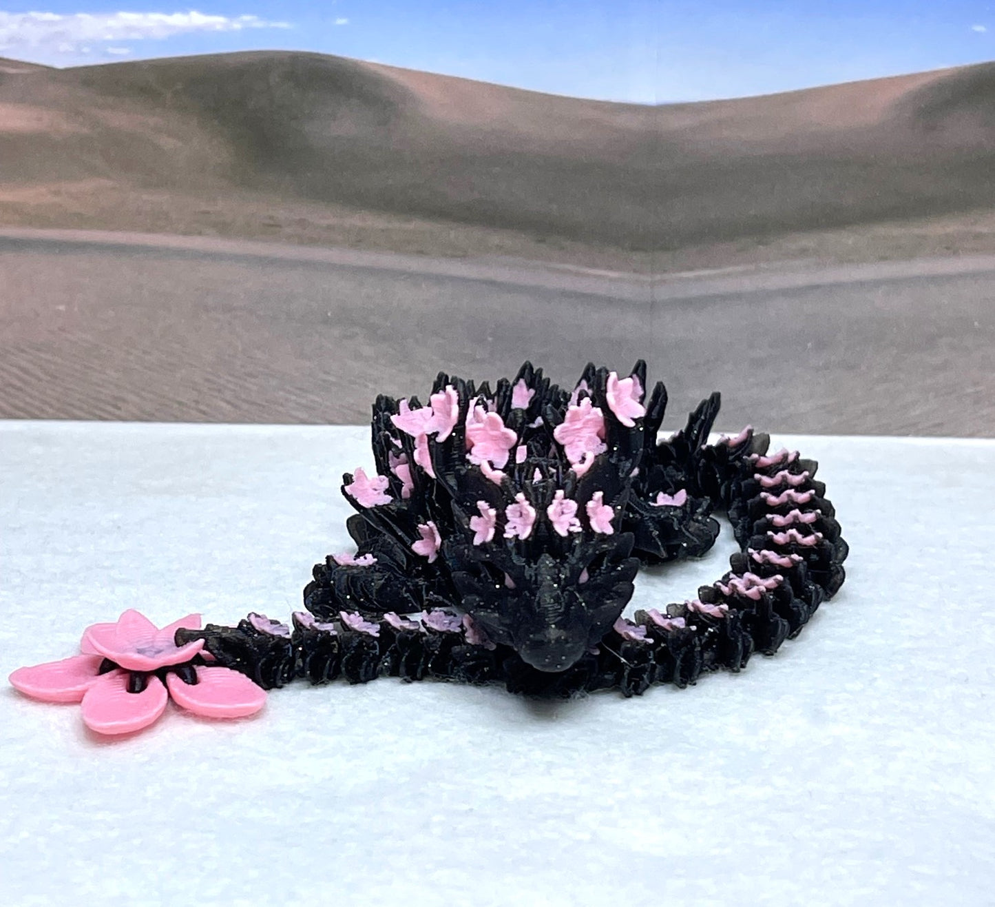 3D Printed Dragon with Dragon Egg, Articulated Black and Pink Cherry Blossom Dragon, Fidget ADHD Dragon Toy - D028-PE