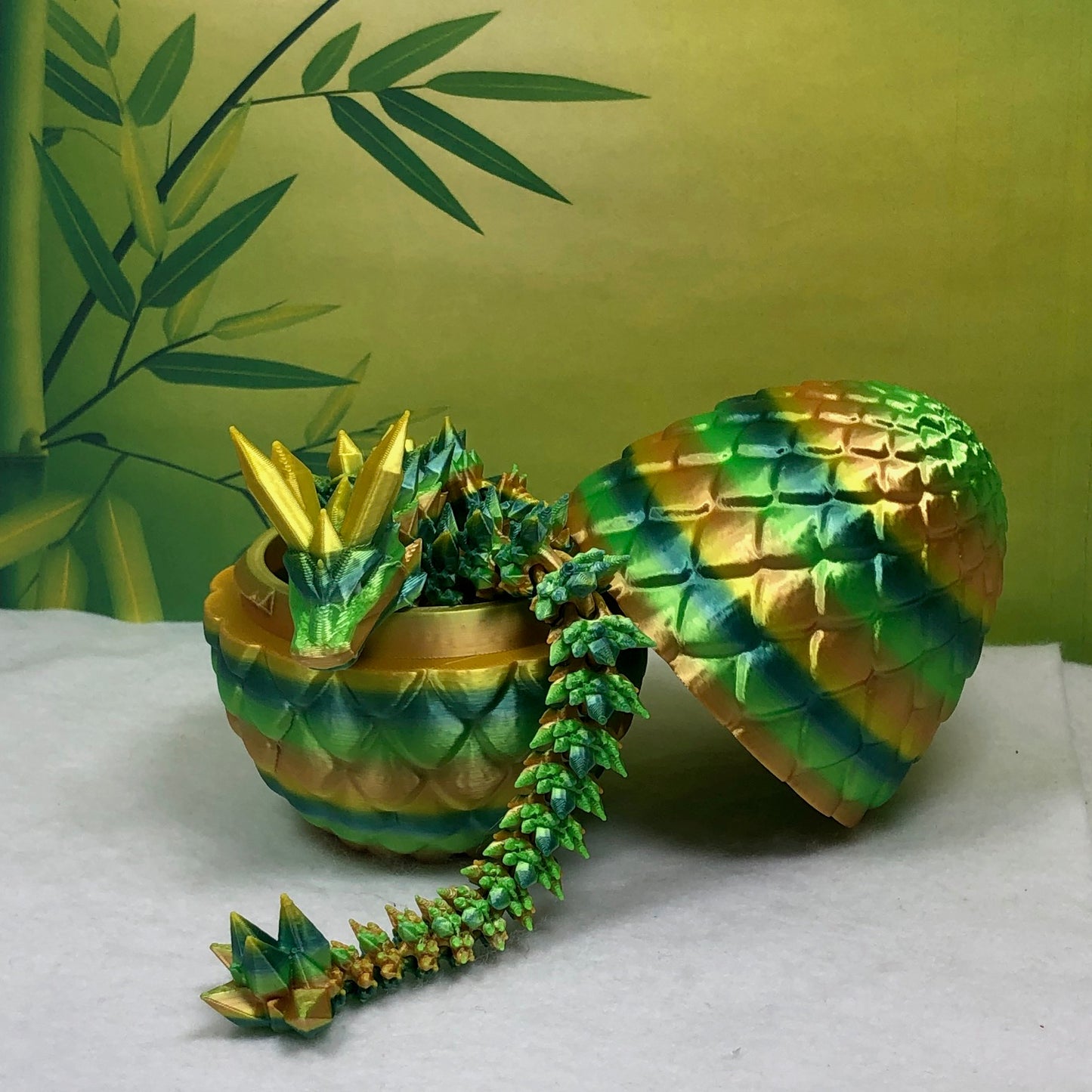 3D Printed Dragon with Egg, Articulated Yellow and Green Crystal Dragon, Fidget ADHD Dragon Toy - D026