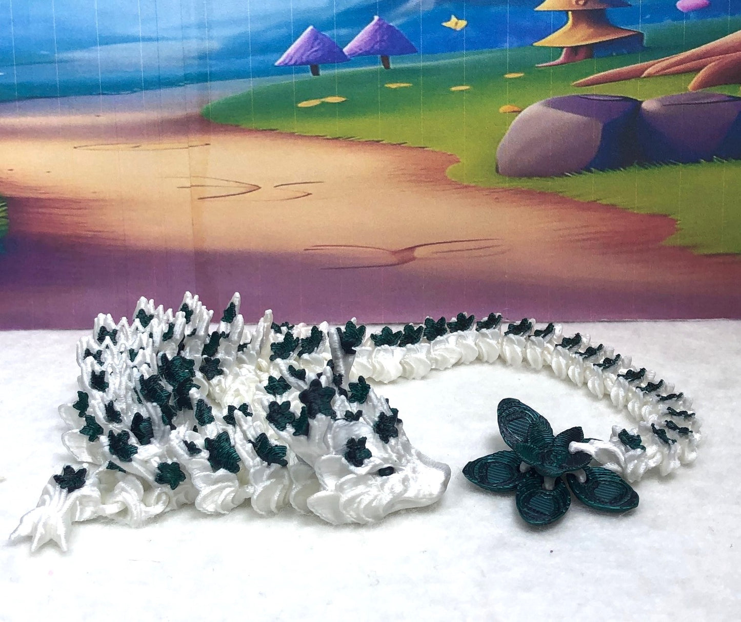 3D Printed Dragon with Egg, Articulated White and Green Cherry Blossom  Dragon, Fidget ADHD Dragon Toy - D017-BEG