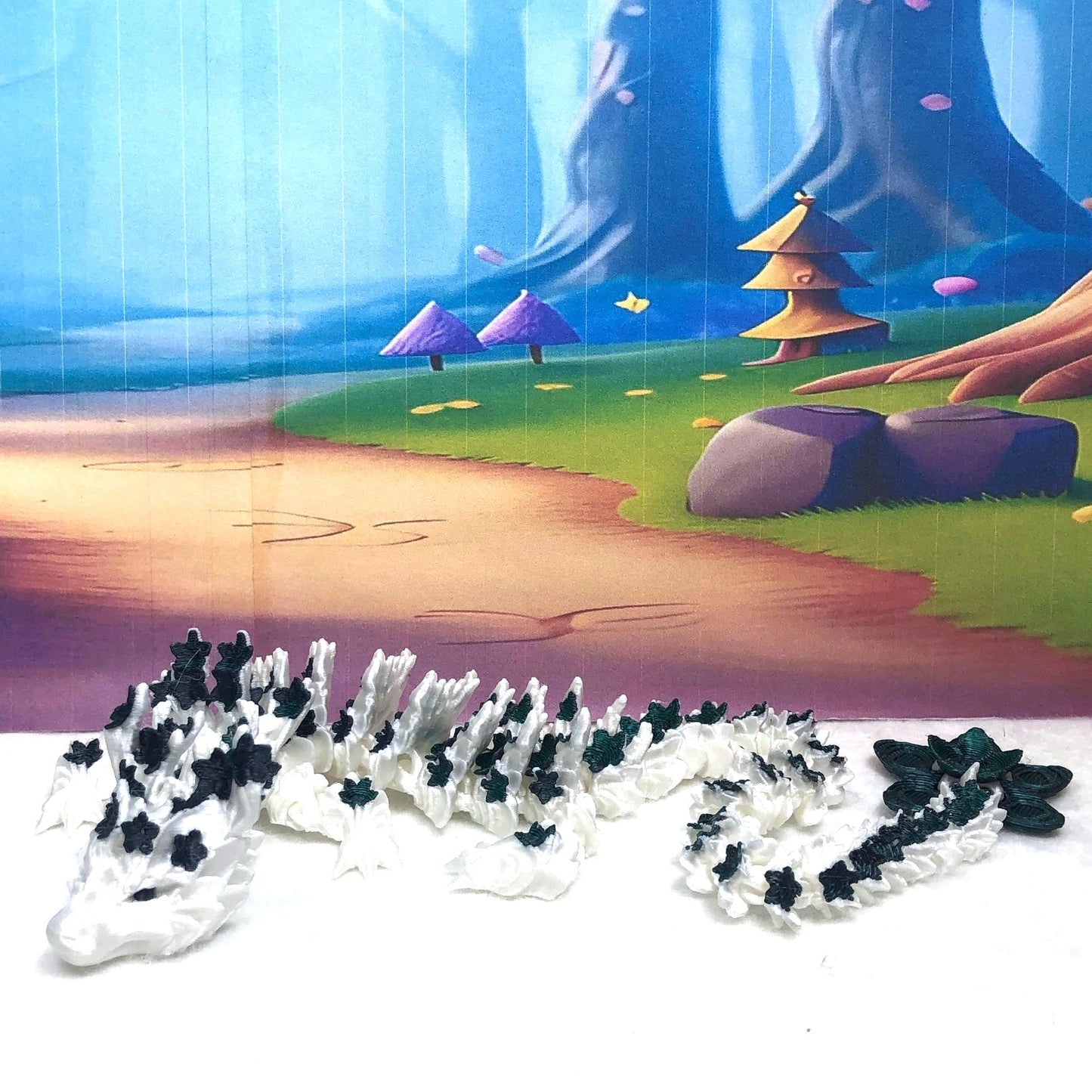 3D Printed Dragon with Egg, Articulated White and Green Cherry Blossom  Dragon, Fidget ADHD Dragon Toy - D017-BEG