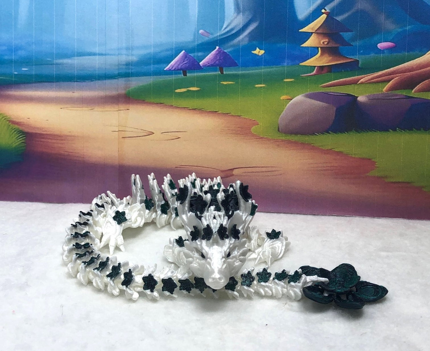 3D Printed Dragon with Egg, Articulated White and Green Cherry Blossom  Dragon, Fidget ADHD Dragon Toy - D017-BEG