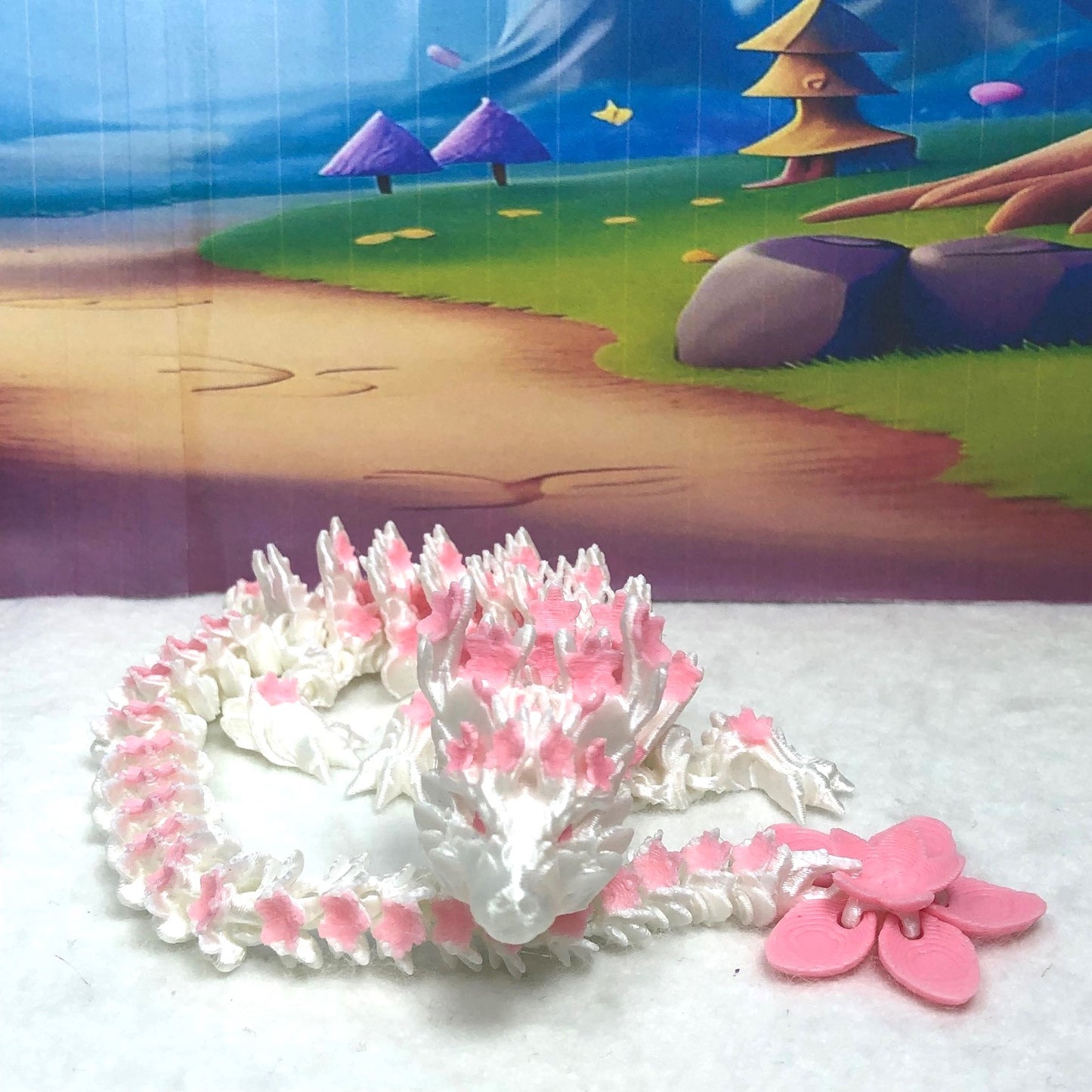 3D Printed Dragon, Articulated White and Pink Cherry Blossom Dragon, Fidget ADHD Dragon Toy - D016-DR