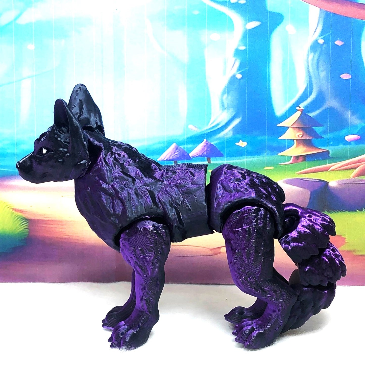 3D Printed Wolf, 4.75" Black and Purple Articulated Wolf Toy, Executive Desk Decor, Fidget Toy