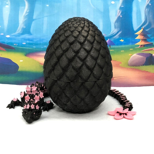 3D Printed Dragon with Dragon Egg, Articulated Black and Pink Cherry Blossom Dragon, Fidget ADHD Dragon Toy - D028-BE