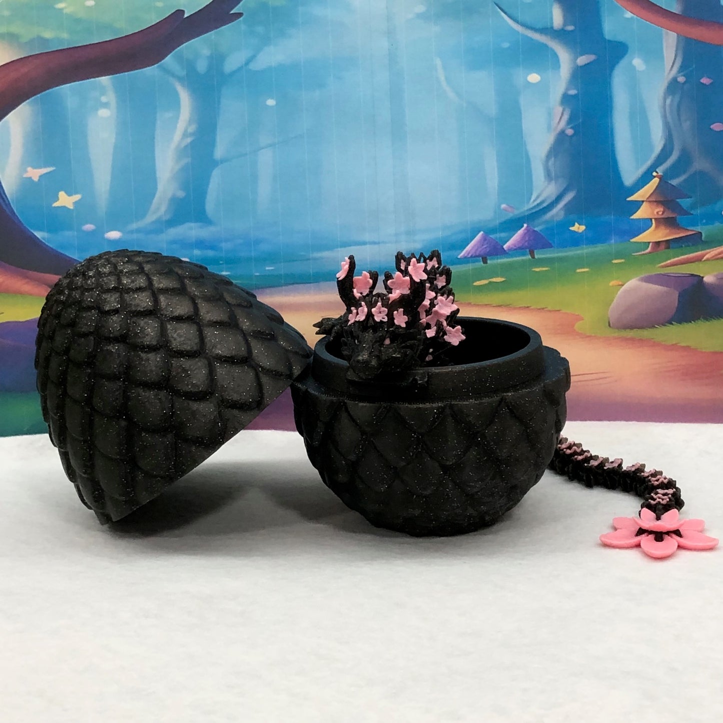 3D Printed Dragon with Dragon Egg, Articulated Black and Pink Cherry Blossom Dragon, Fidget ADHD Dragon Toy - D028-BE