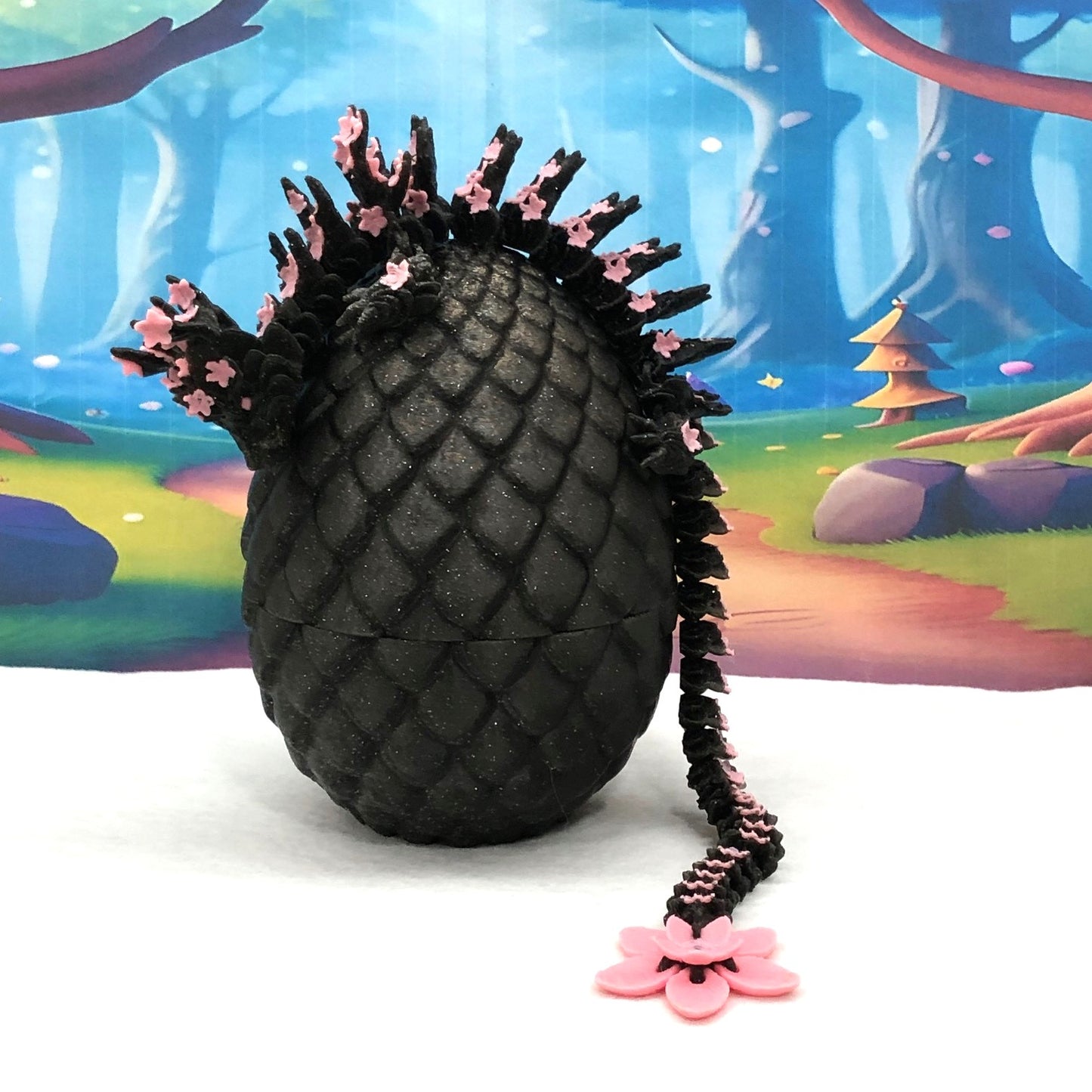 3D Printed Dragon with Dragon Egg, Articulated Black and Pink Cherry Blossom Dragon, Fidget ADHD Dragon Toy - D028-BE