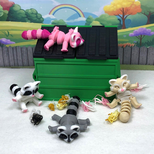 4pcs 3D Printed Racoon with Dumpster Bin, Articulated Colorful Trash Panda Racoons, Tiny Animal Figures, Birthday Party Decorations AR002-DB