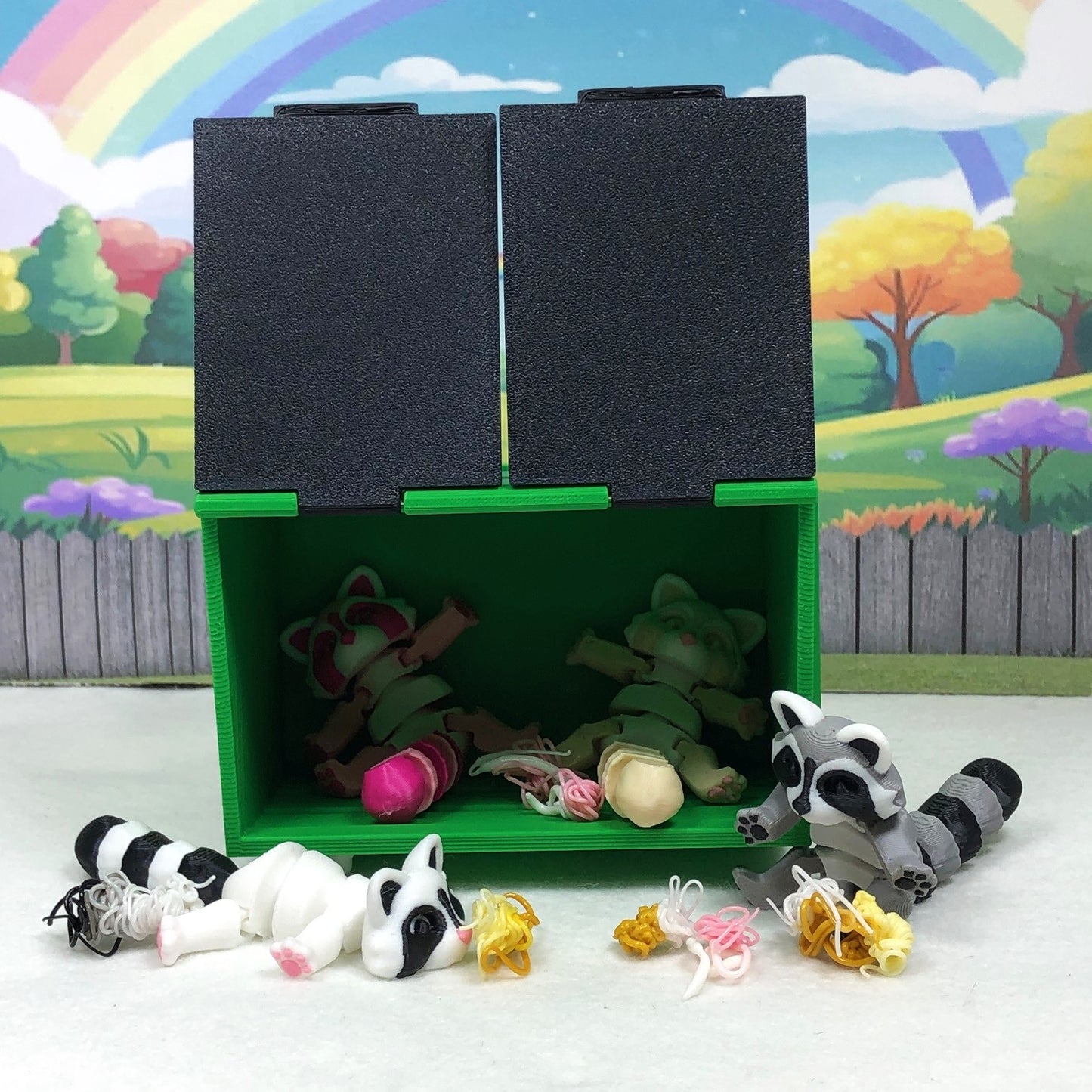 4pcs 3D Printed Racoon with Dumpster Bin, Articulated Colorful Trash Panda Racoons, Tiny Animal Figures, Birthday Party Decorations AR002-DB