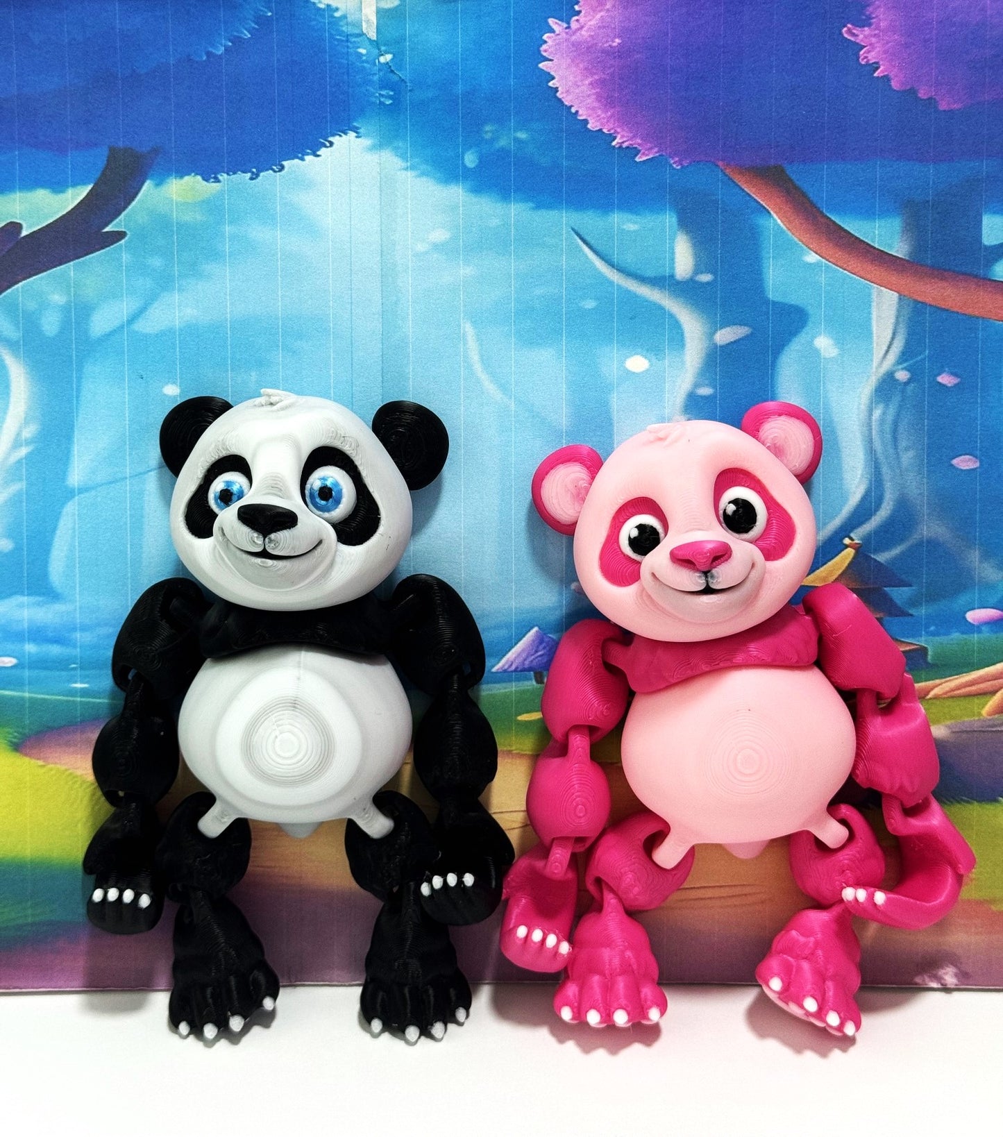 2pcs 3D Printed Panda Bear, Articulated Posable Panda Bear, Stress Relief Fidget Toy - APB001-BW-PINK