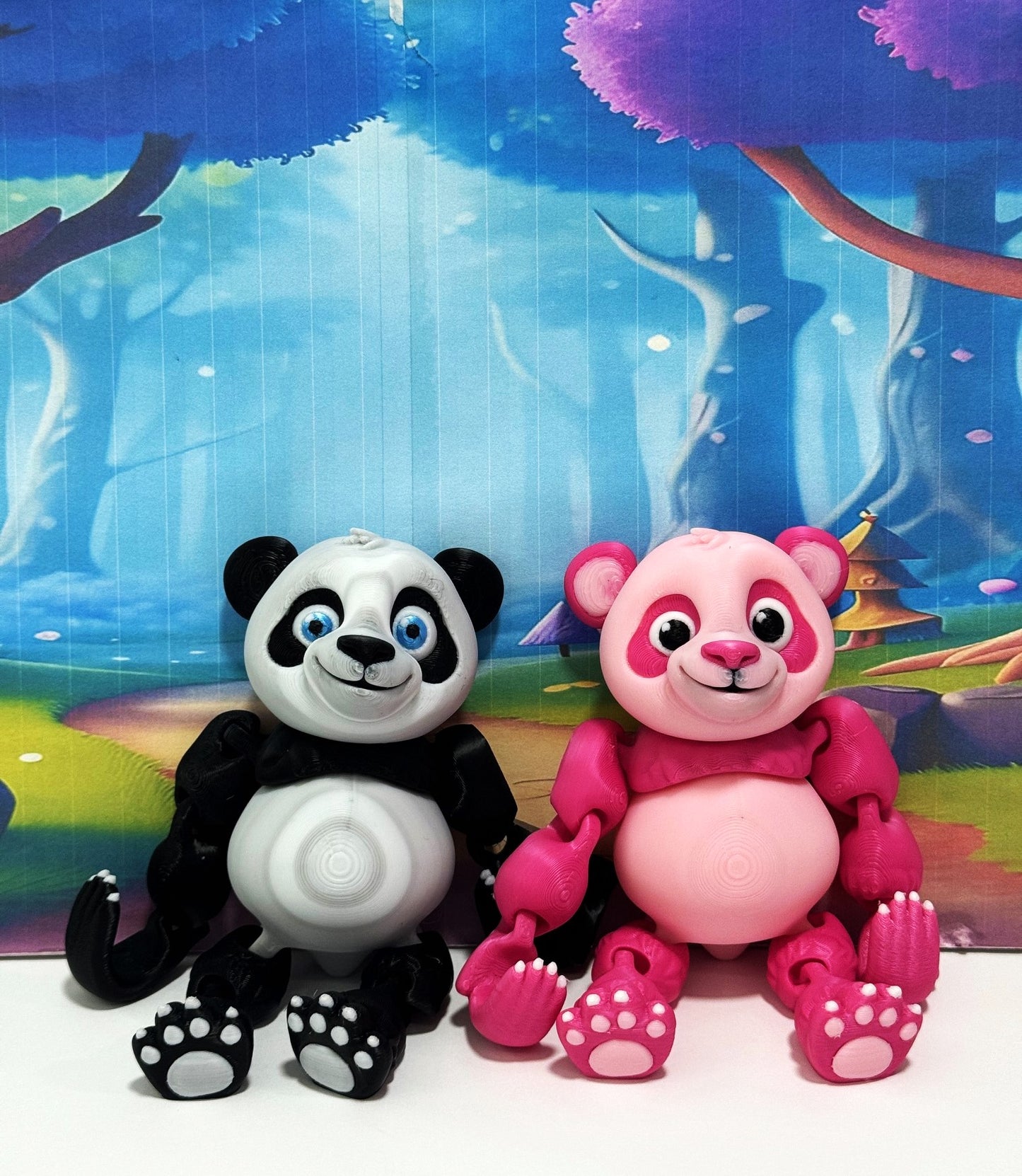 2pcs 3D Printed Panda Bear, Articulated Posable Panda Bear, Stress Relief Fidget Toy - APB001-BW-PINK