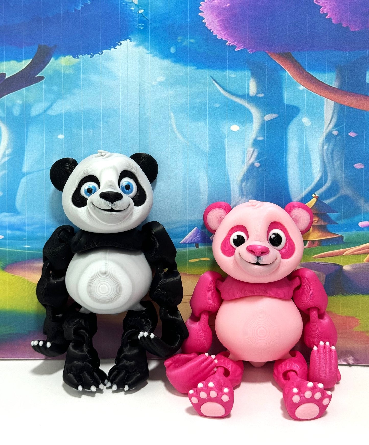 2pcs 3D Printed Panda Bear, Articulated Posable Panda Bear, Stress Relief Fidget Toy - APB001-BW-PINK