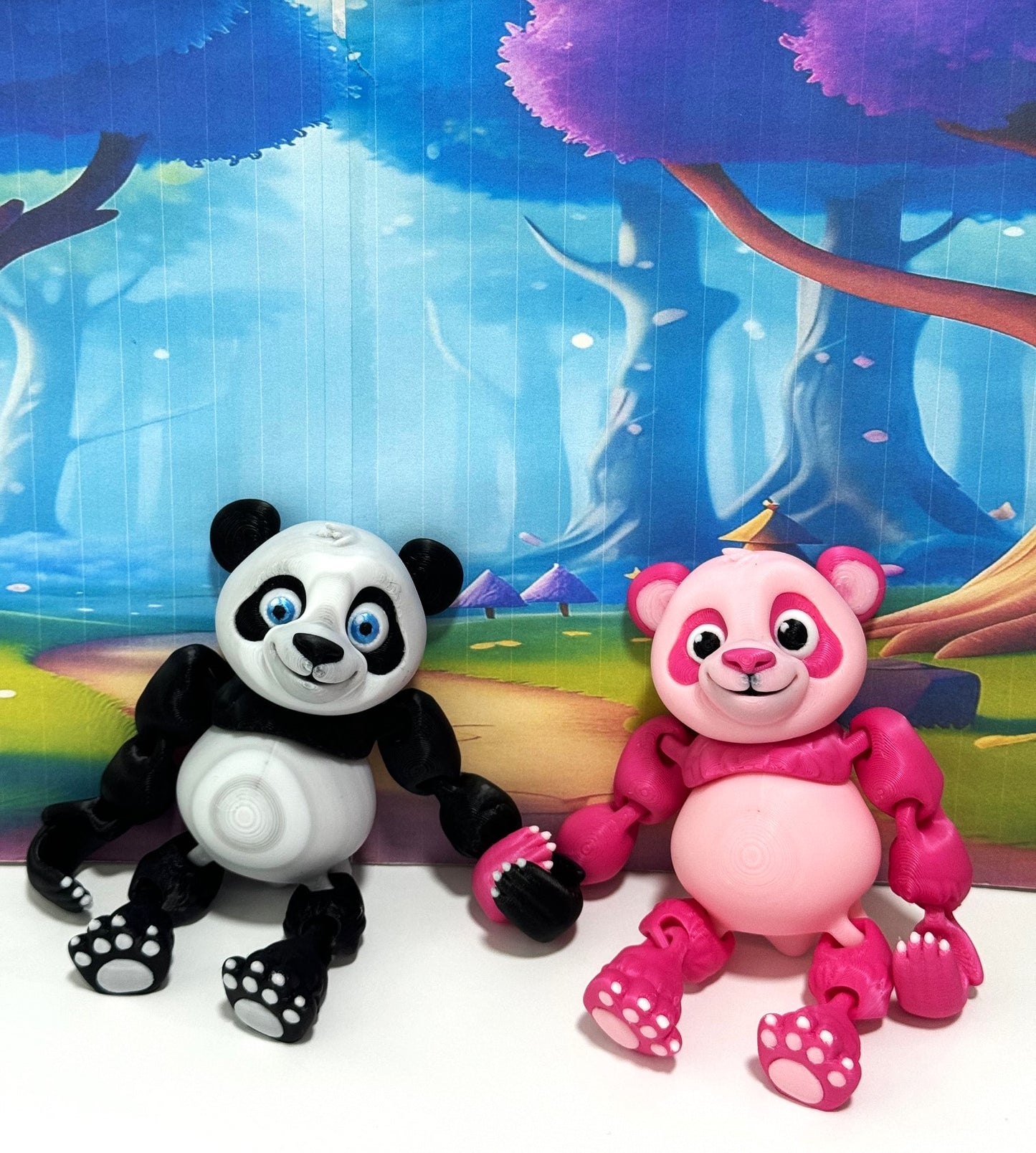 2pcs 3D Printed Panda Bear, Articulated Posable Panda Bear, Stress Relief Fidget Toy - APB001-BW-PINK