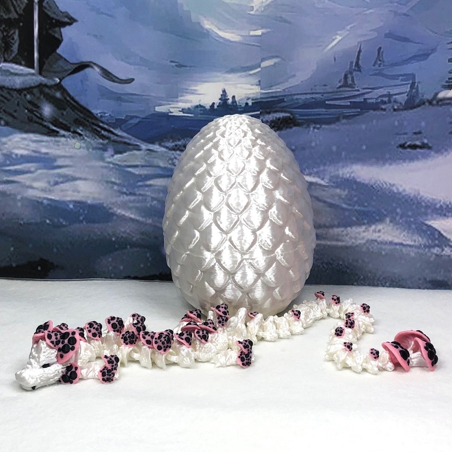 3D Printed Dragon with Egg, Articulated White and Pink Mushroom Dragon, Fidget ADHD Dragon Toy - D035