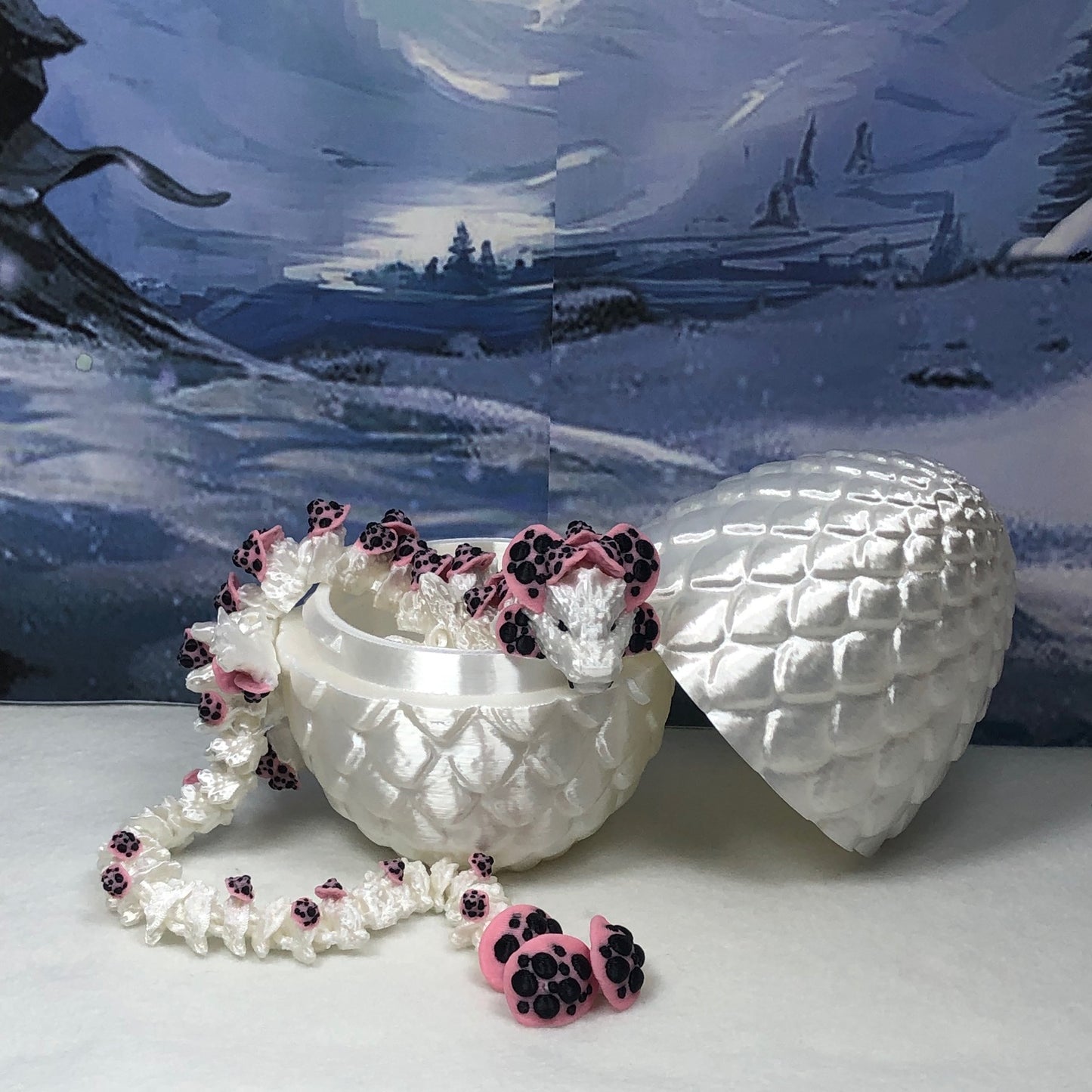 3D Printed Dragon with Egg, Articulated White and Pink Mushroom Dragon, Fidget ADHD Dragon Toy - D035