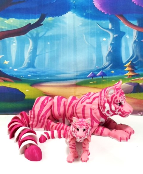 2pcs 3D Printed Tiger, Animal Creature Flexible Tiger Toys, Mother & Child Articulated Fidget Animal for Home Office Executive Desk Decoration AT001-MC-PINK
