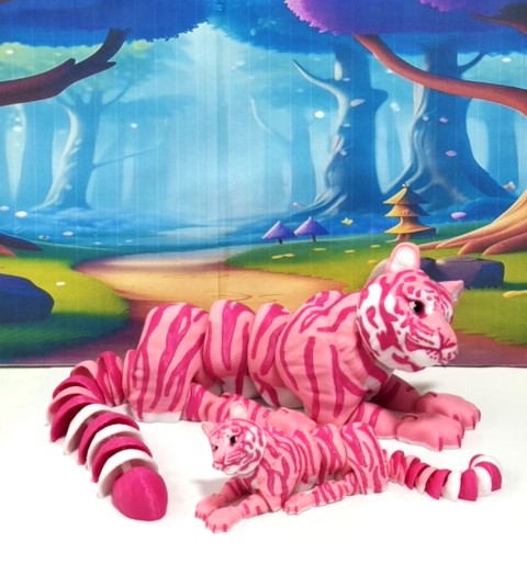 2pcs 3D Printed Tiger, Animal Creature Flexible Tiger Toys, Mother & Child Articulated Fidget Animal for Home Office Executive Desk Decoration AT001-MC-PINK