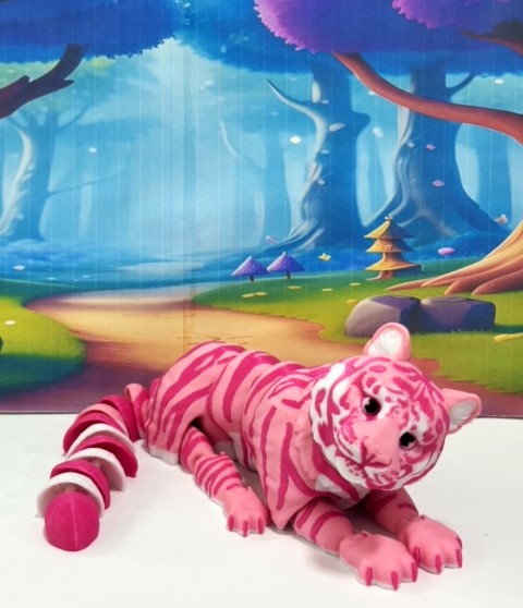 3D Printed Tiger, 6.5" Wild Animal Creature Tiger Toy, Pink Articulated Fidget Animal for Home Office Executive Desk Decoration AT001-PINK-S