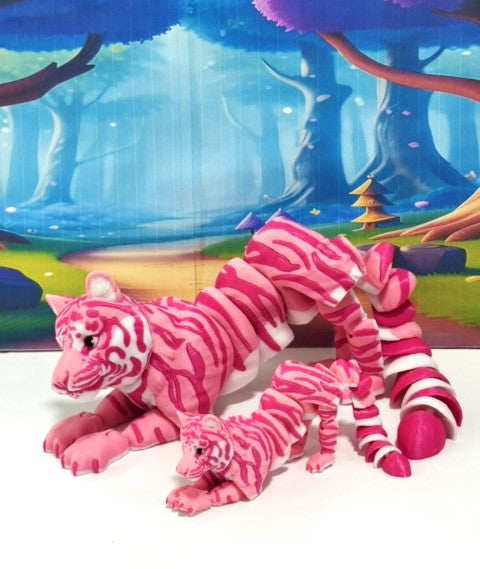2pcs 3D Printed Tiger, Animal Creature Flexible Tiger Toys, Mother & Child Articulated Fidget Animal for Home Office Executive Desk Decoration AT001-MC-PINK