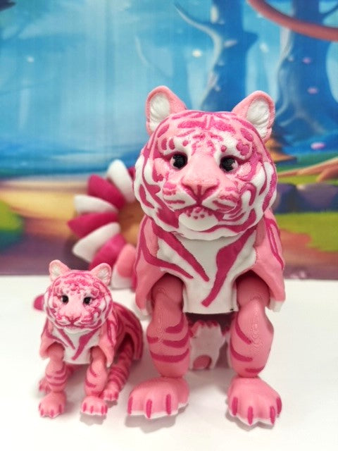 2pcs 3D Printed Tiger, Animal Creature Flexible Tiger Toys, Mother & Child Articulated Fidget Animal for Home Office Executive Desk Decoration AT001-MC-PINK