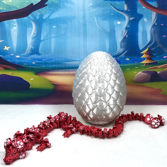 3D Printed Dragon with Egg, Articulated Red Mushroom Dragon, Fidget ADHD Dragon Toy - D037