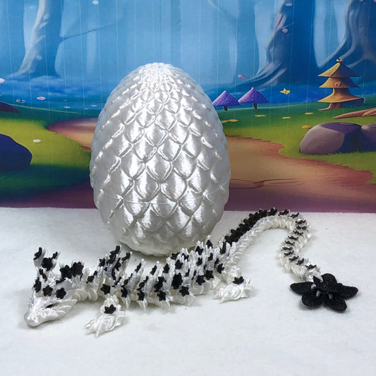 3D Printed Dragon with Egg, Articulated White AND Black Cherry Blossom Dragon, Fidget ADHD Dragon Toy - D030-WE