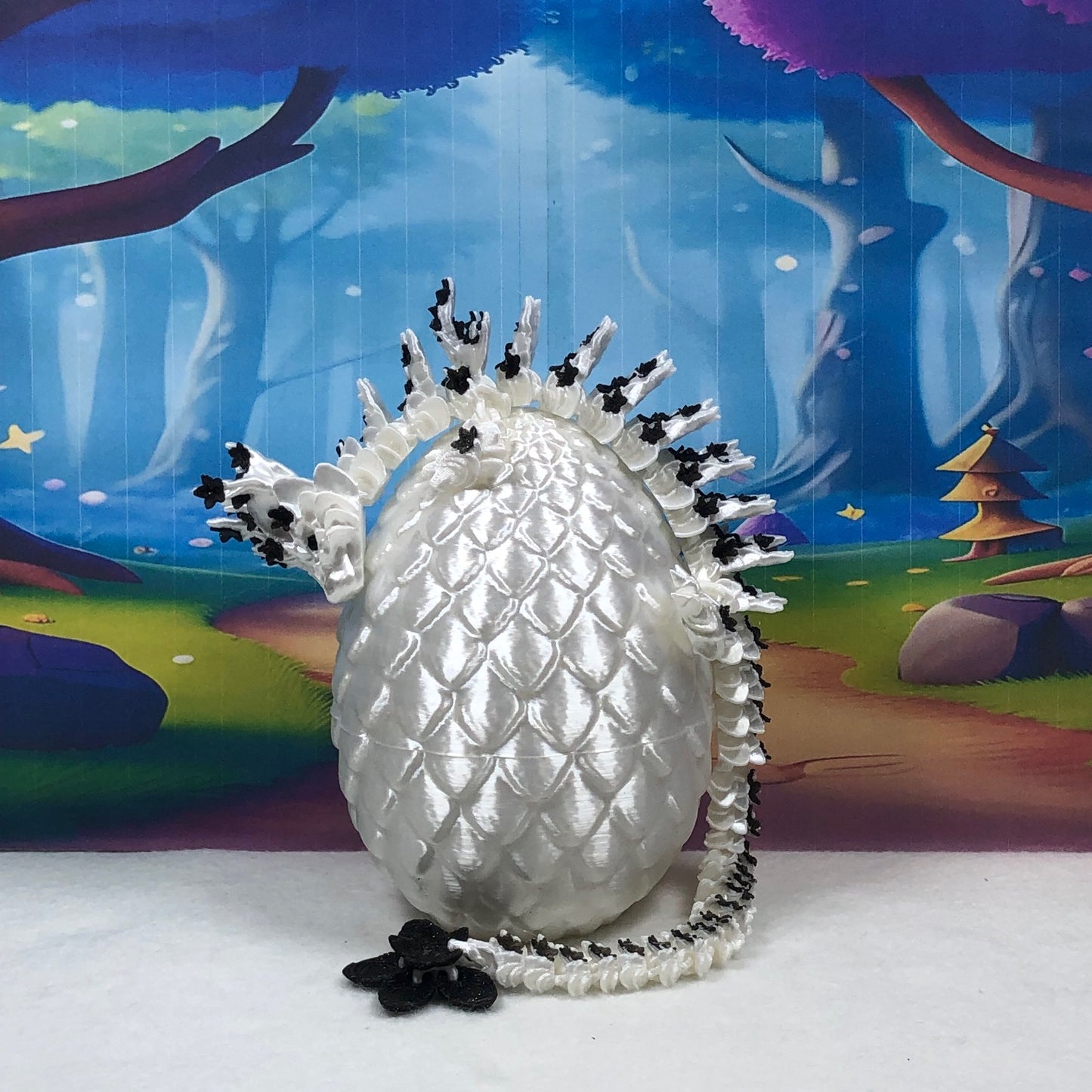 3D Printed Dragon with Egg, Articulated White AND Black Cherry Blossom Dragon, Fidget ADHD Dragon Toy - D030-WE