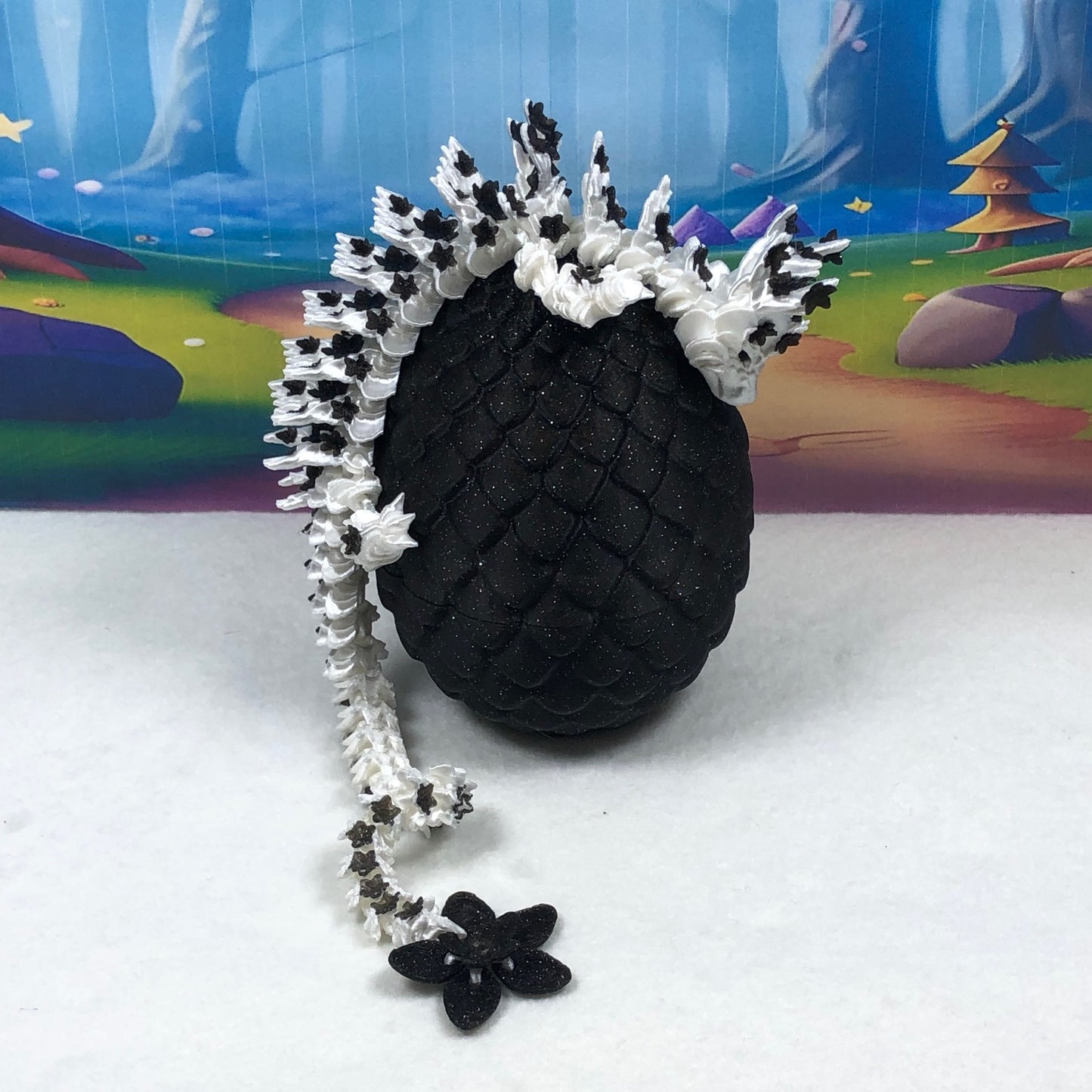 3D Printed Dragon with Egg, Articulated White AND Black Cherry Blossom Dragon, Fidget ADHD Dragon Toy - D030-BE