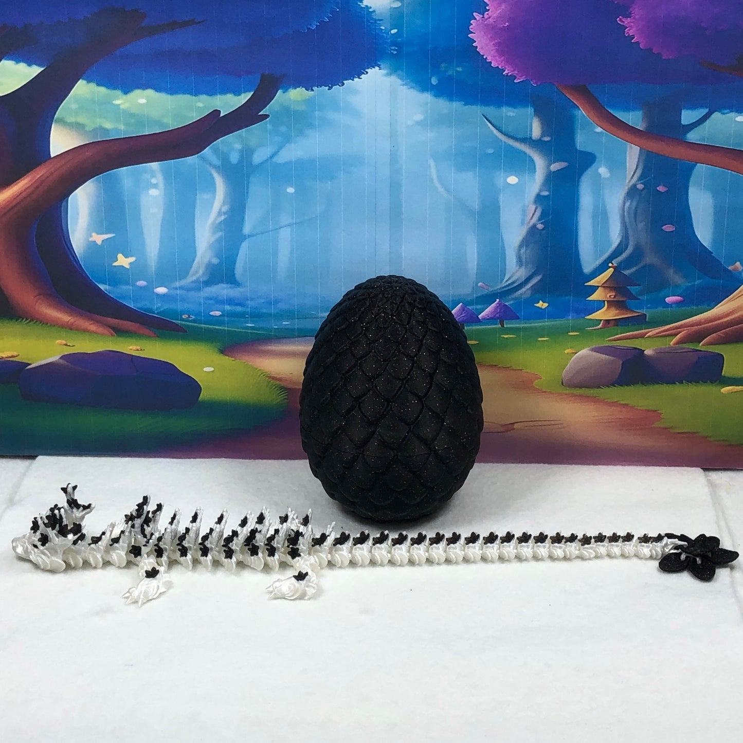 3D Printed Dragon with Egg, Articulated White AND Black Cherry Blossom Dragon, Fidget ADHD Dragon Toy - D030-BE