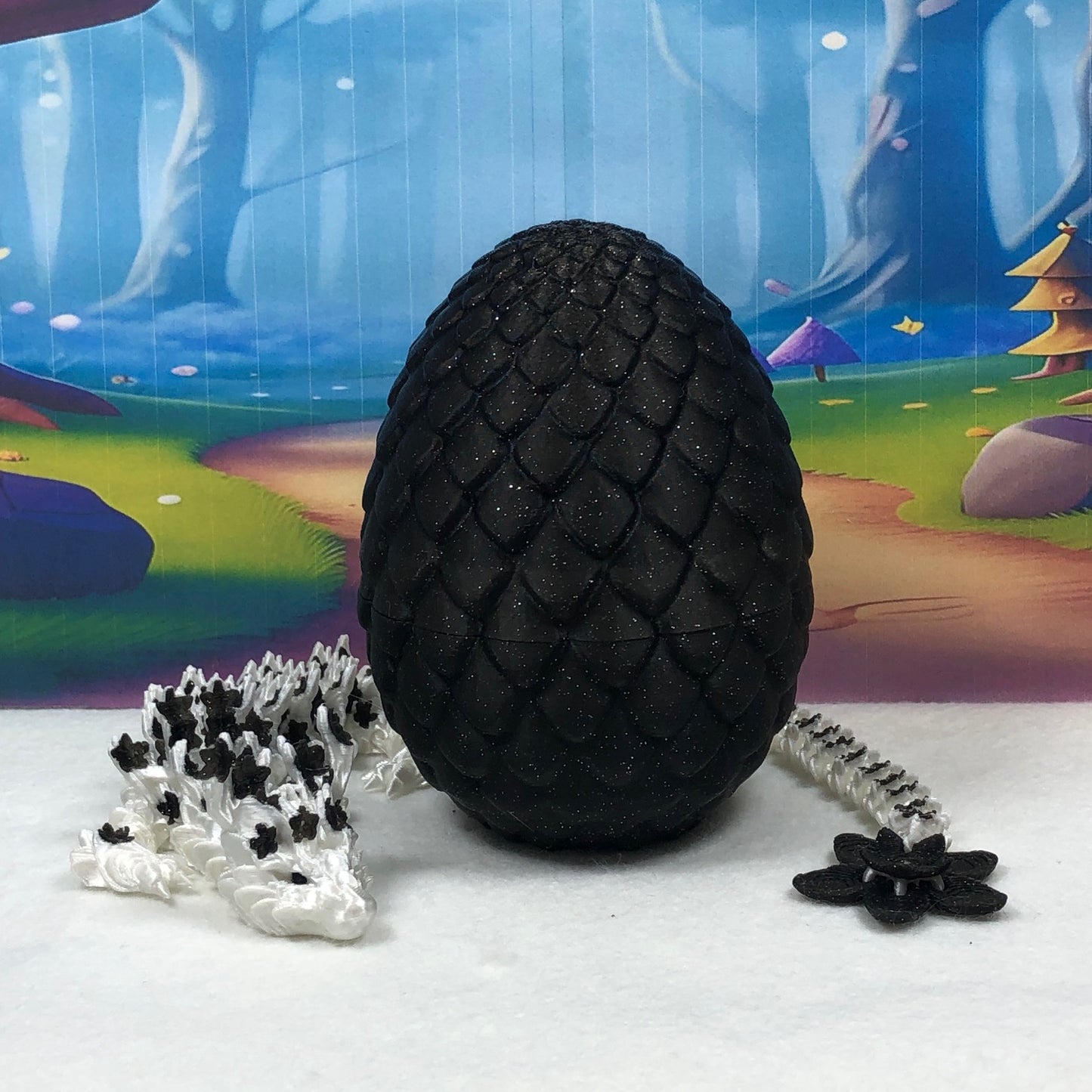 3D Printed Dragon with Egg, Articulated White AND Black Cherry Blossom Dragon, Fidget ADHD Dragon Toy - D030-BE