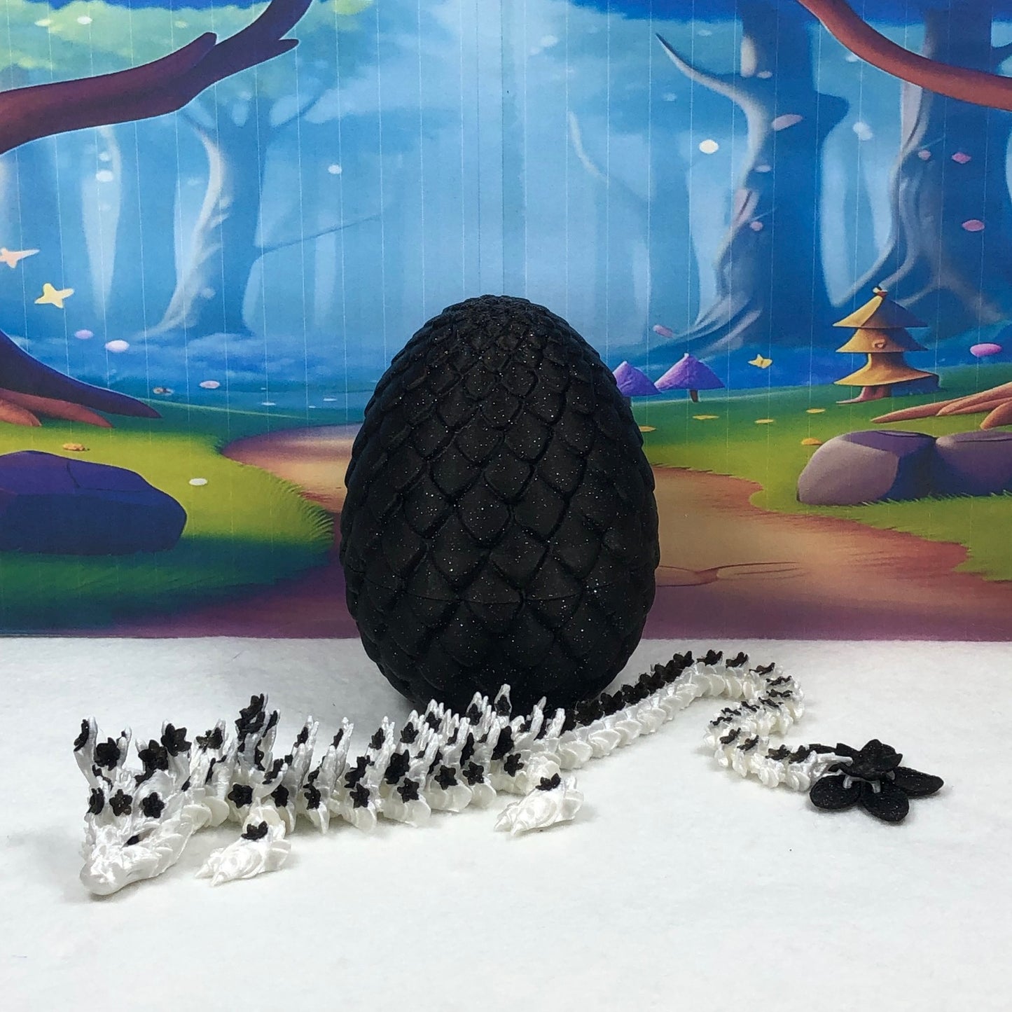 3D Printed Dragon with Egg, Articulated White AND Black Cherry Blossom Dragon, Fidget ADHD Dragon Toy - D030-BE