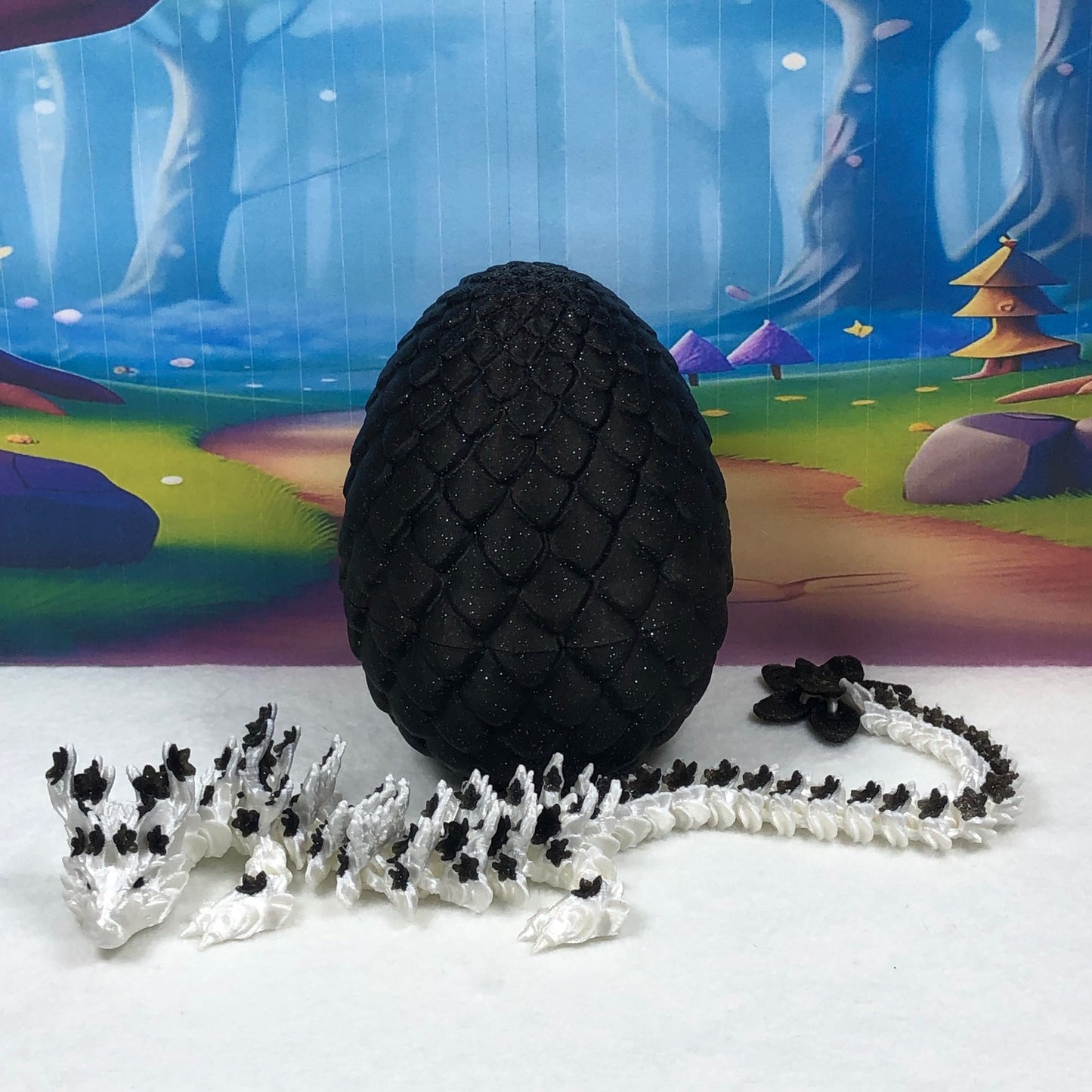 3D Printed Dragon with Egg, Articulated White AND Black Cherry Blossom Dragon, Fidget ADHD Dragon Toy - D030-BE