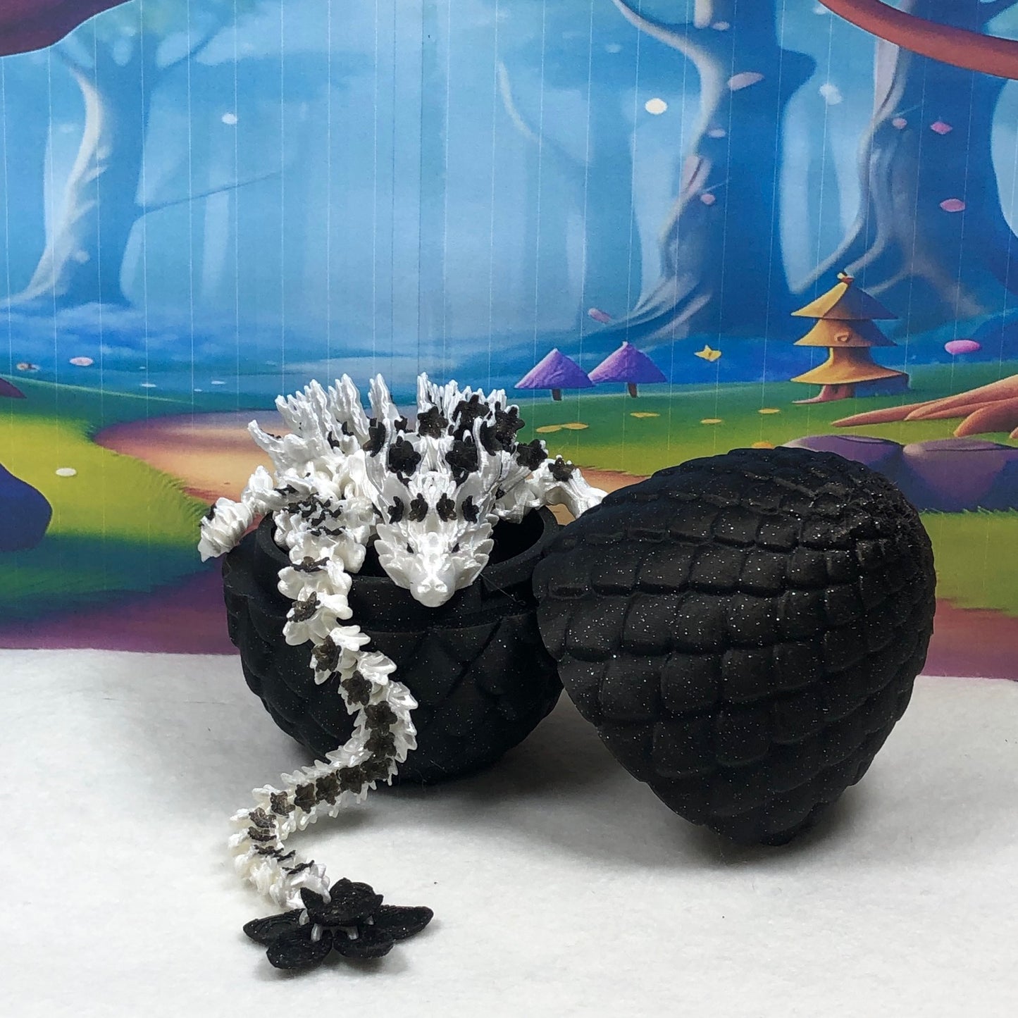 3D Printed Dragon with Egg, Articulated White AND Black Cherry Blossom Dragon, Fidget ADHD Dragon Toy - D030-BE