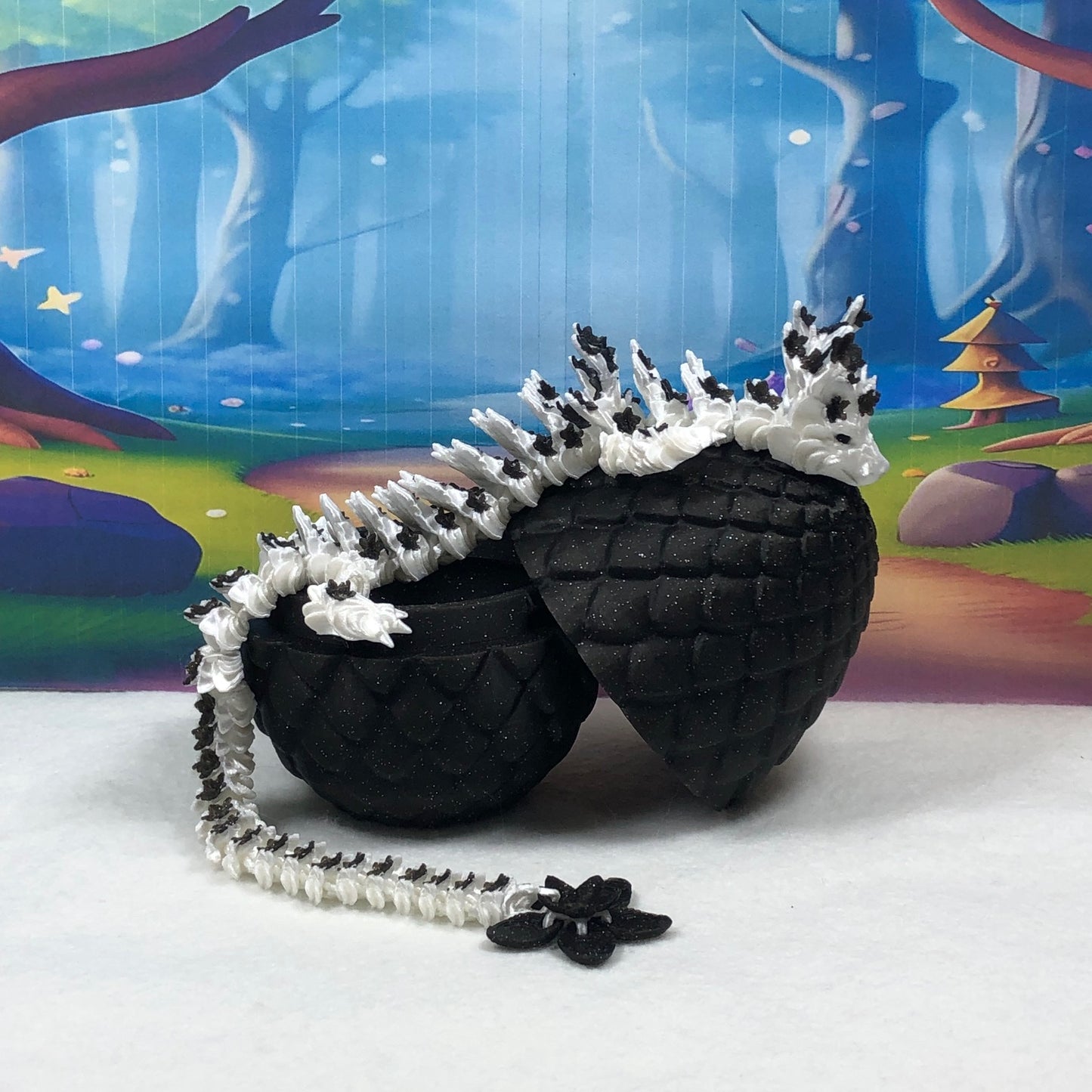 3D Printed Dragon with Egg, Articulated White AND Black Cherry Blossom Dragon, Fidget ADHD Dragon Toy - D030-BE