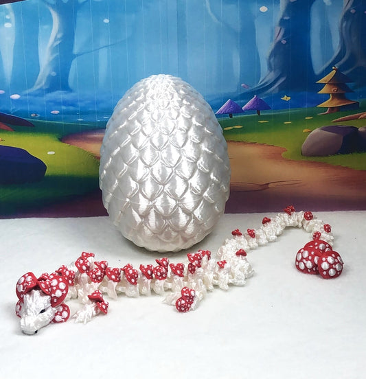 3D Printed Dragon with Egg, Articulated White and Red Mushroom Dragon, Fidget ADHD Dragon Toy - D036