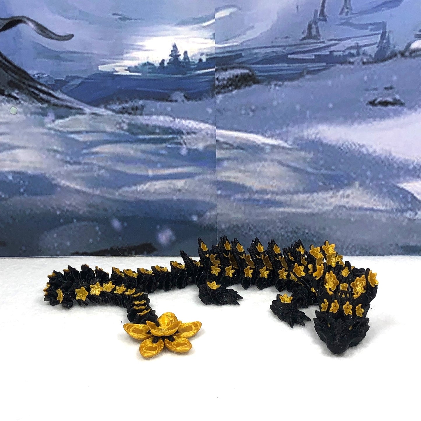 3D Printed Dragon with Egg, Articulated Black an Gold Cherry Blossom Dragon, Fidget ADHD Dragon Toy - D043