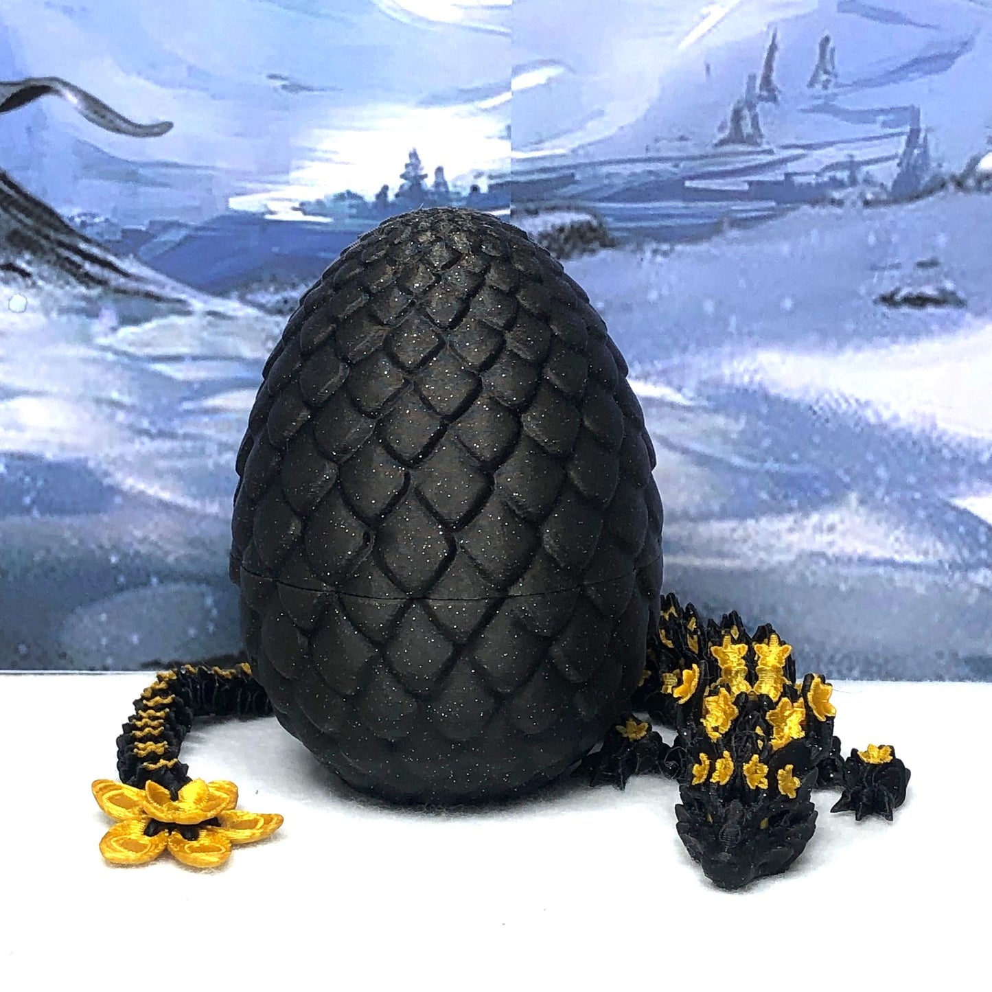 3D Printed Dragon with Egg, Articulated Black an Gold Cherry Blossom Dragon, Fidget ADHD Dragon Toy - D043