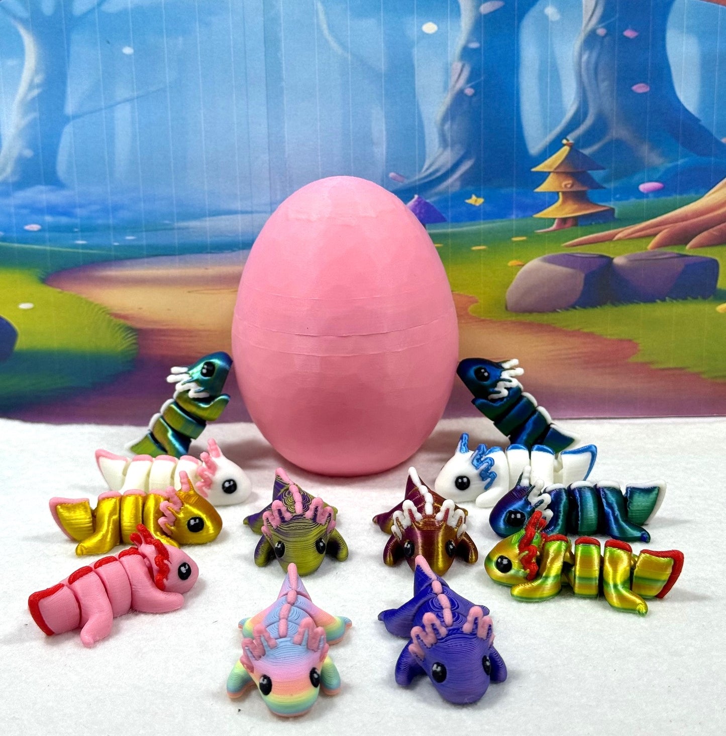3D Printed Articulated Mini Axolotl with Egg, 12pcs Colorful Fidget Mini Axolotl Figures, Tiny Animal Figures, Birthday Party Decorations MA00123-SET -PHE