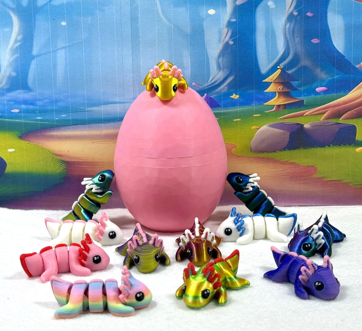 3D Printed Articulated Mini Axolotl with Egg, 12pcs Colorful Fidget Mini Axolotl Figures, Tiny Animal Figures, Birthday Party Decorations MA00123-SET -PHE