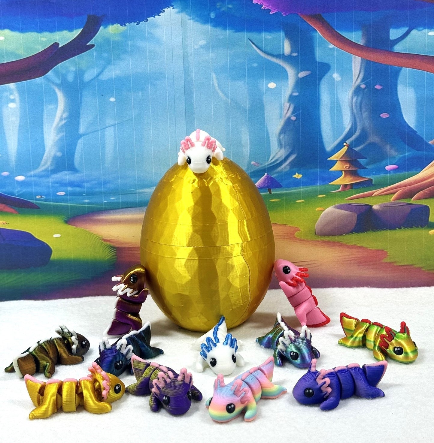 12pcs Articulated Baby Axolotl with Egg, 3D Printed Articulated Colorful Fidget Axolotl, Tiny Animal Figures, Birthday Party Decorations MA001-SET-GHE