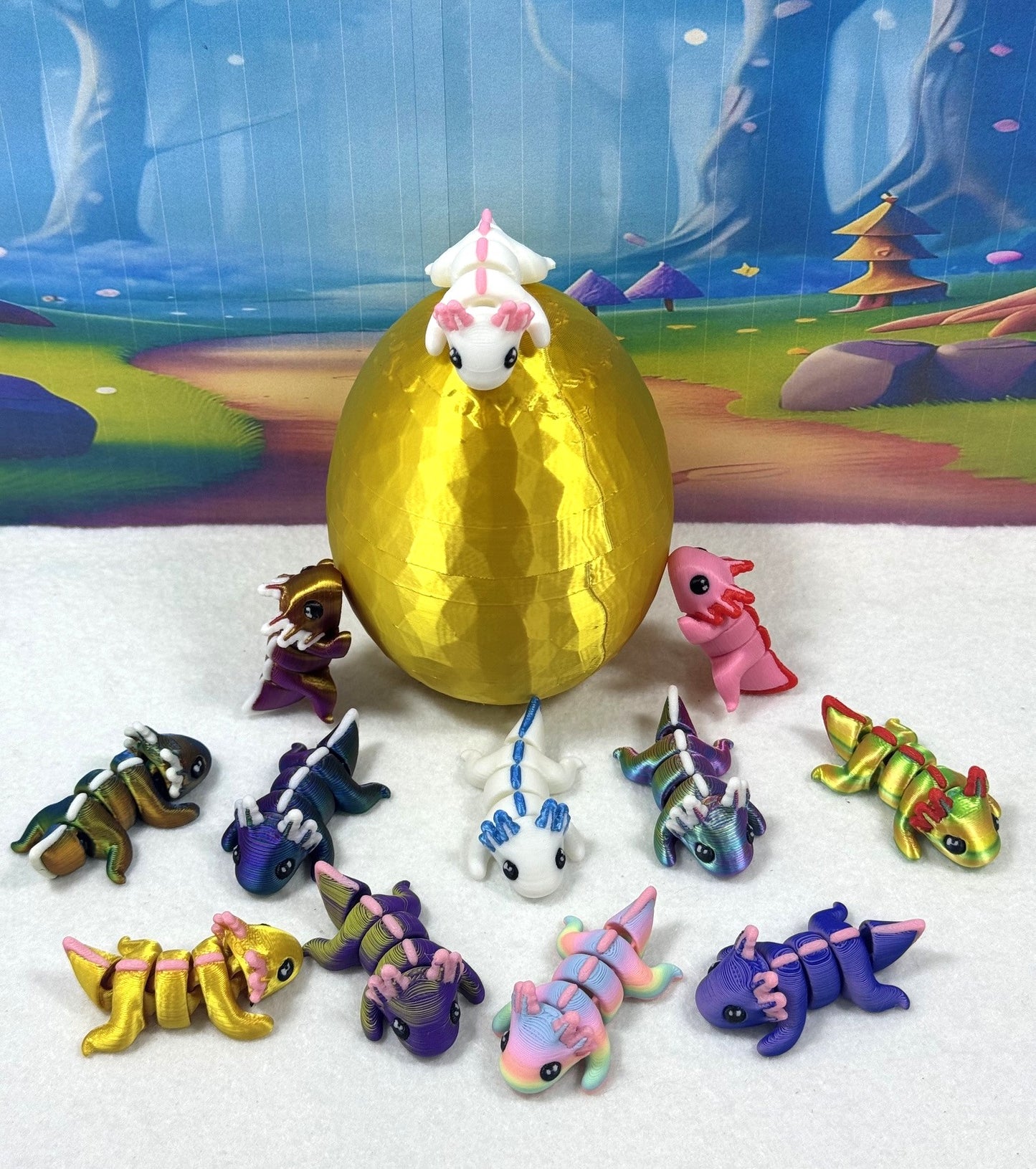 12pcs Articulated Baby Axolotl with Egg, 3D Printed Articulated Colorful Fidget Axolotl, Tiny Animal Figures, Birthday Party Decorations MA001-SET-GHE